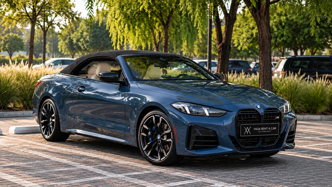 BMW 430i Convertible Blue — opposite front three-quarter exterior with the roof closed
