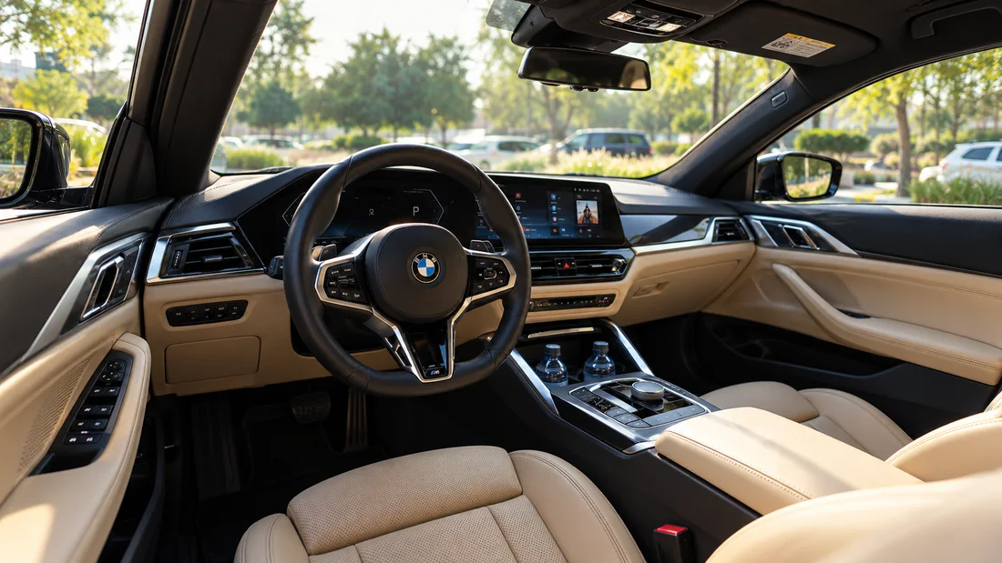 BMW 430i Convertible Blue — beige front cabin, steering wheel and dashboard