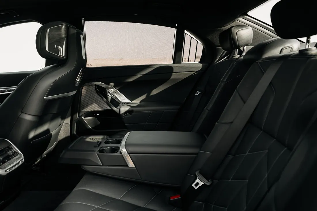 BMW 740i — rear passenger seating and fold-down overhead display