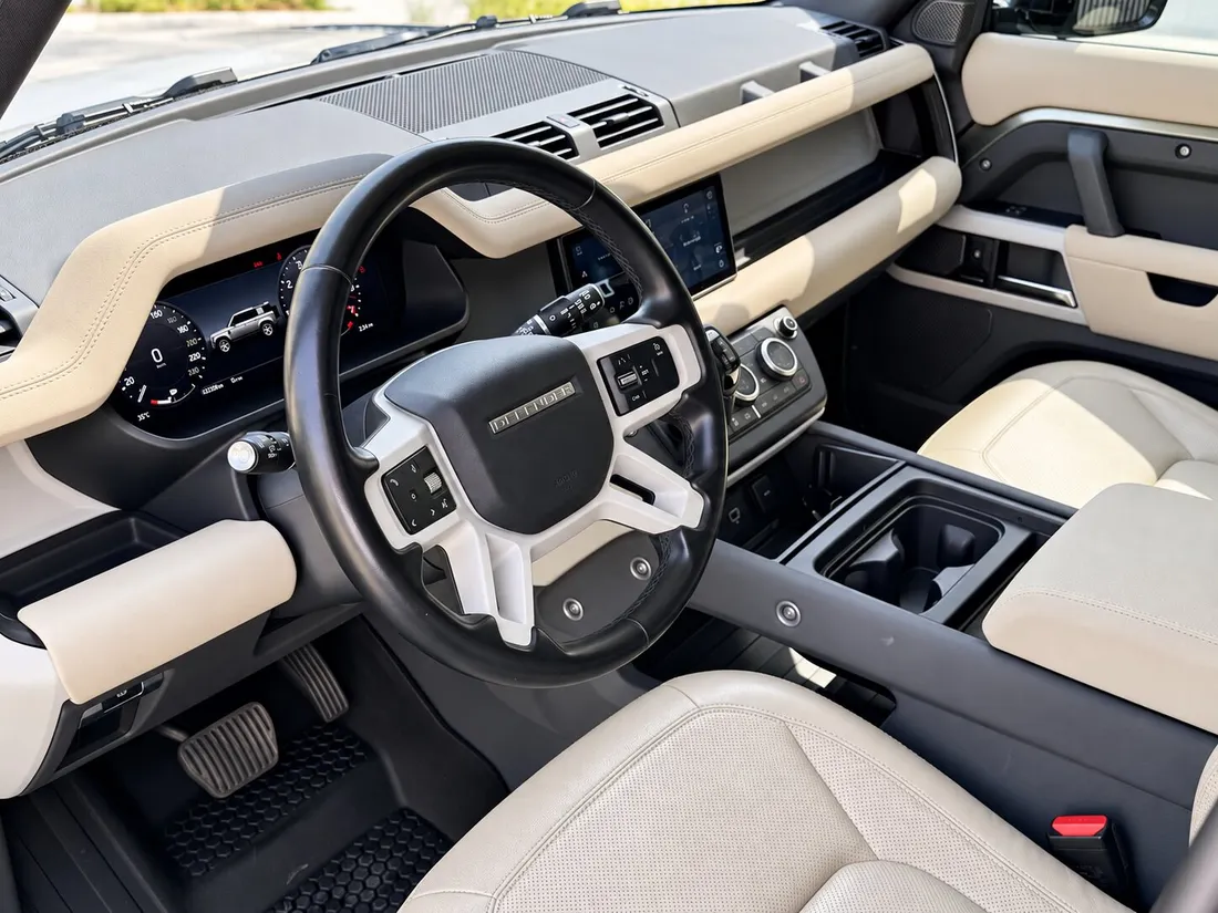Land Rover Defender 7 Seats — steering wheel and centre console from above