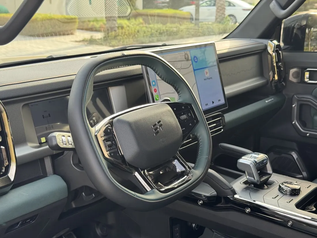 Jetour T2 Green Interior — steering wheel, centre display and gear selector