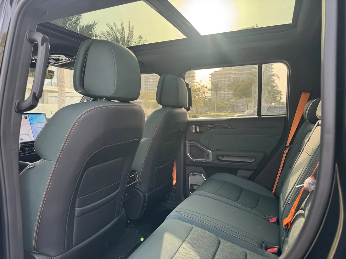 Jetour T2 Green Interior — rear seats and orange seat belts