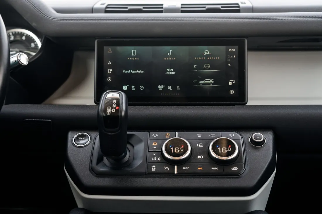 Land Rover Defender — touchscreen and centre climate controls close-up